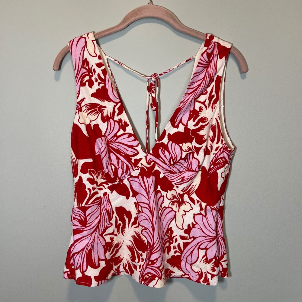 Abercrombie & Fitch Women's Red Pink Floral Linen Blend V-Neck Tie Back Top S